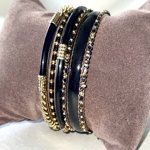 Sophisticated Elegant Black & Gold Bangle Set 6 Varying Textures Bracelets
